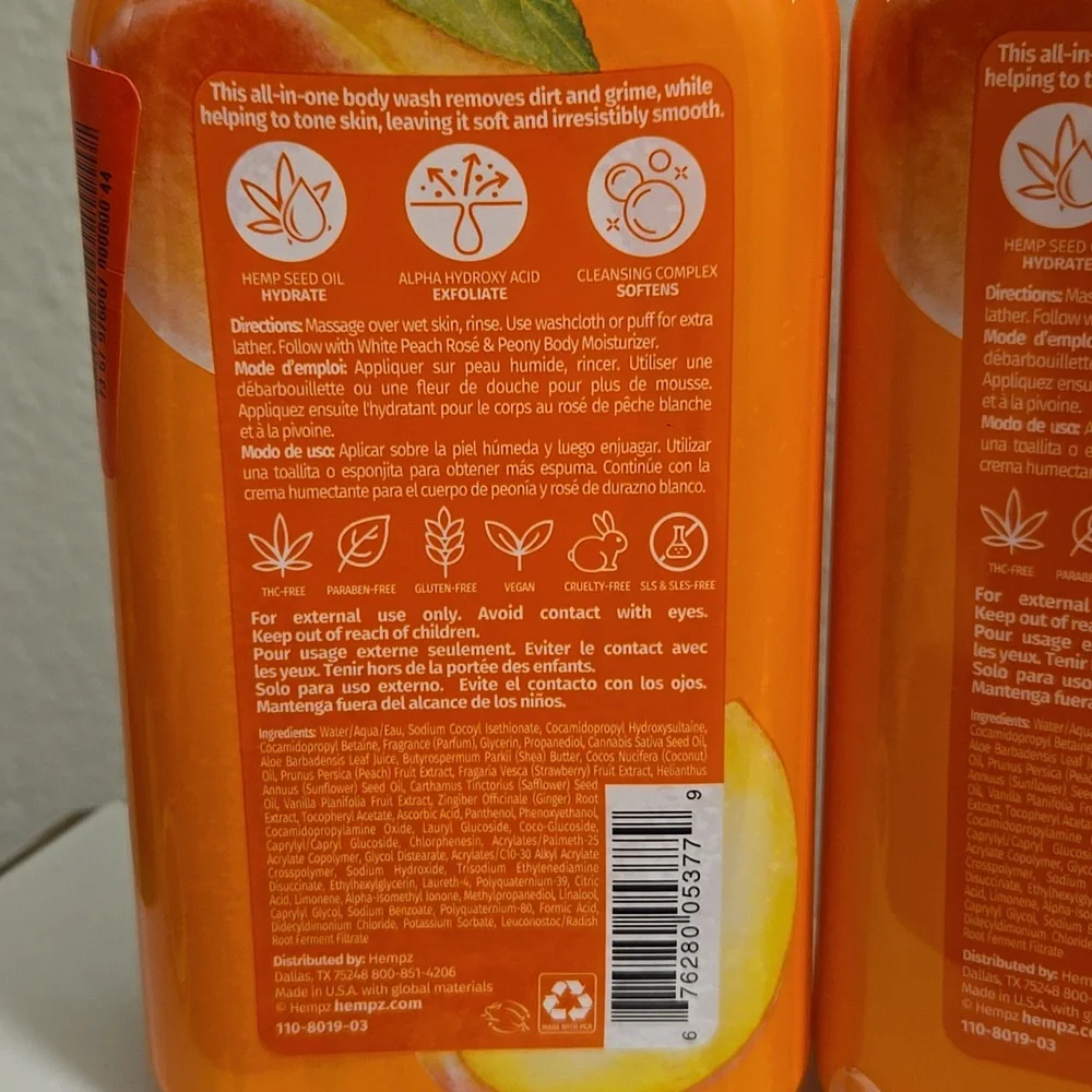 New And Sealed Hempz White Peach Rose And Peony Body Wash 2 17oz Bottles - Picture 4 of 5